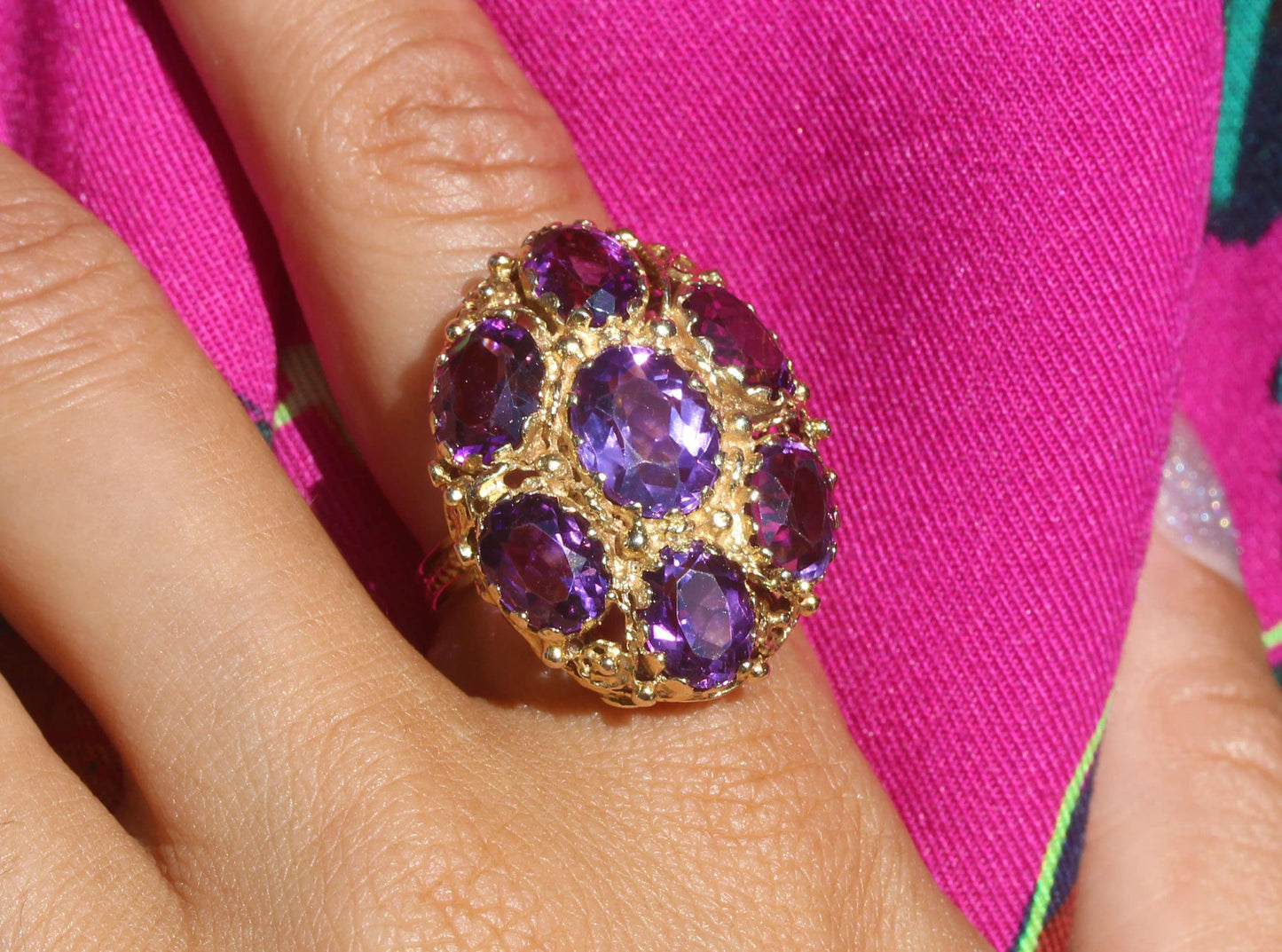 Victorian Giant Amethyst Cluster Ornate Cocktail Ring in 14K Yellow Gold