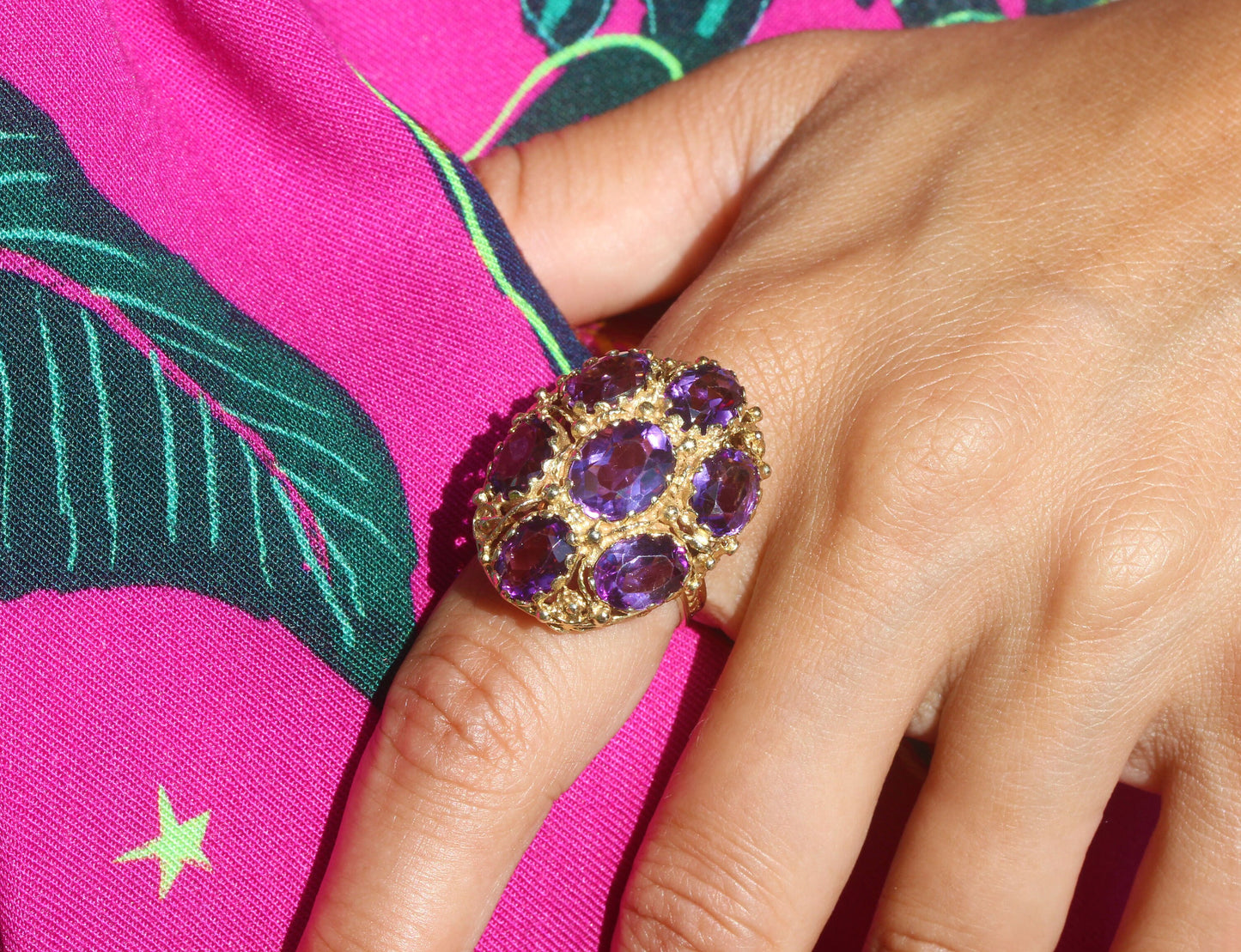 Victorian Giant Amethyst Cluster Ornate Cocktail Ring in 14K Yellow Gold