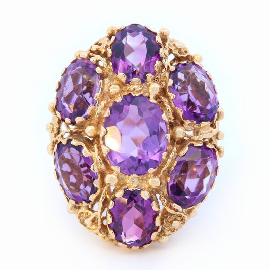 Victorian Giant Amethyst Cluster Ornate Cocktail Ring in 14K Yellow Gold