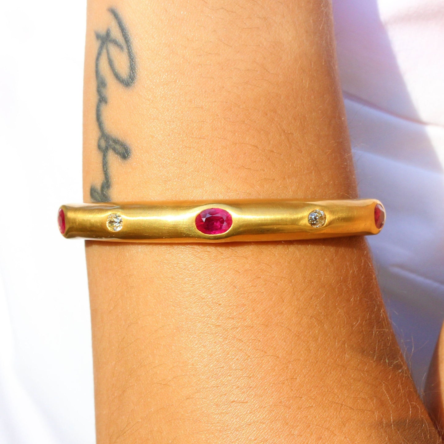 Ruby & Diamond Hinged Cuff Bangle Bracelet in 18K Yellow Gold