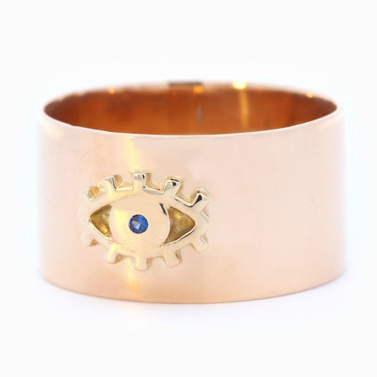 Sapphire Evil Eye Wide Cigar Band in 14K Yellow Gold