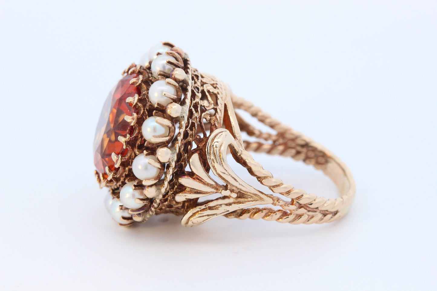 Victorian Orange Sapphire & Pearl Ornate Filigree Statement Ring in 14K Yellow Gold