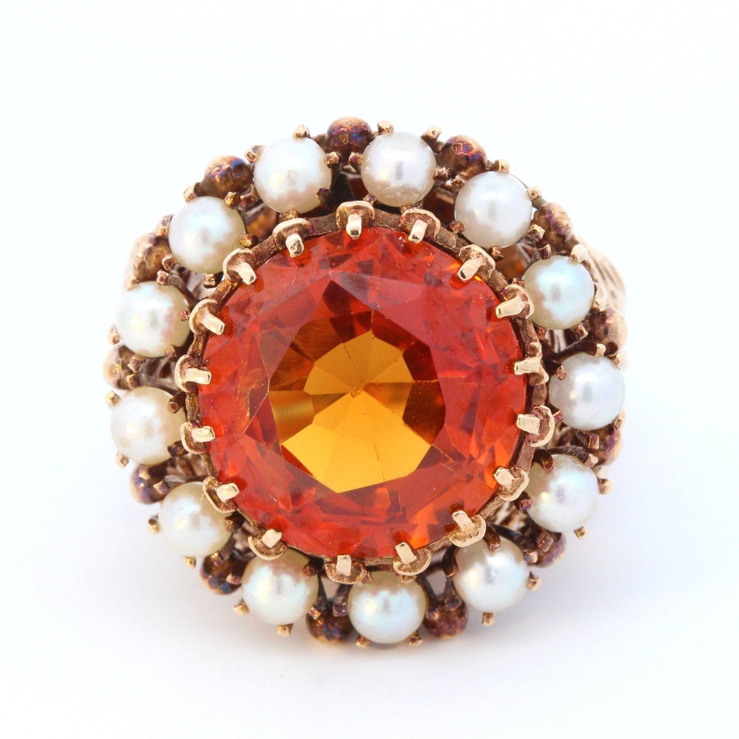 Victorian Orange Sapphire & Pearl Ornate Filigree Statement Ring in 14K Yellow Gold