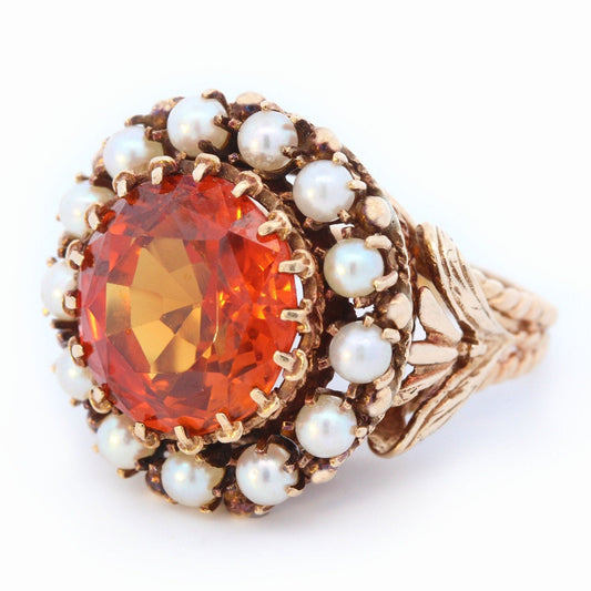 Victorian Orange Sapphire & Pearl Ornate Filigree Statement Ring in 14K Yellow Gold