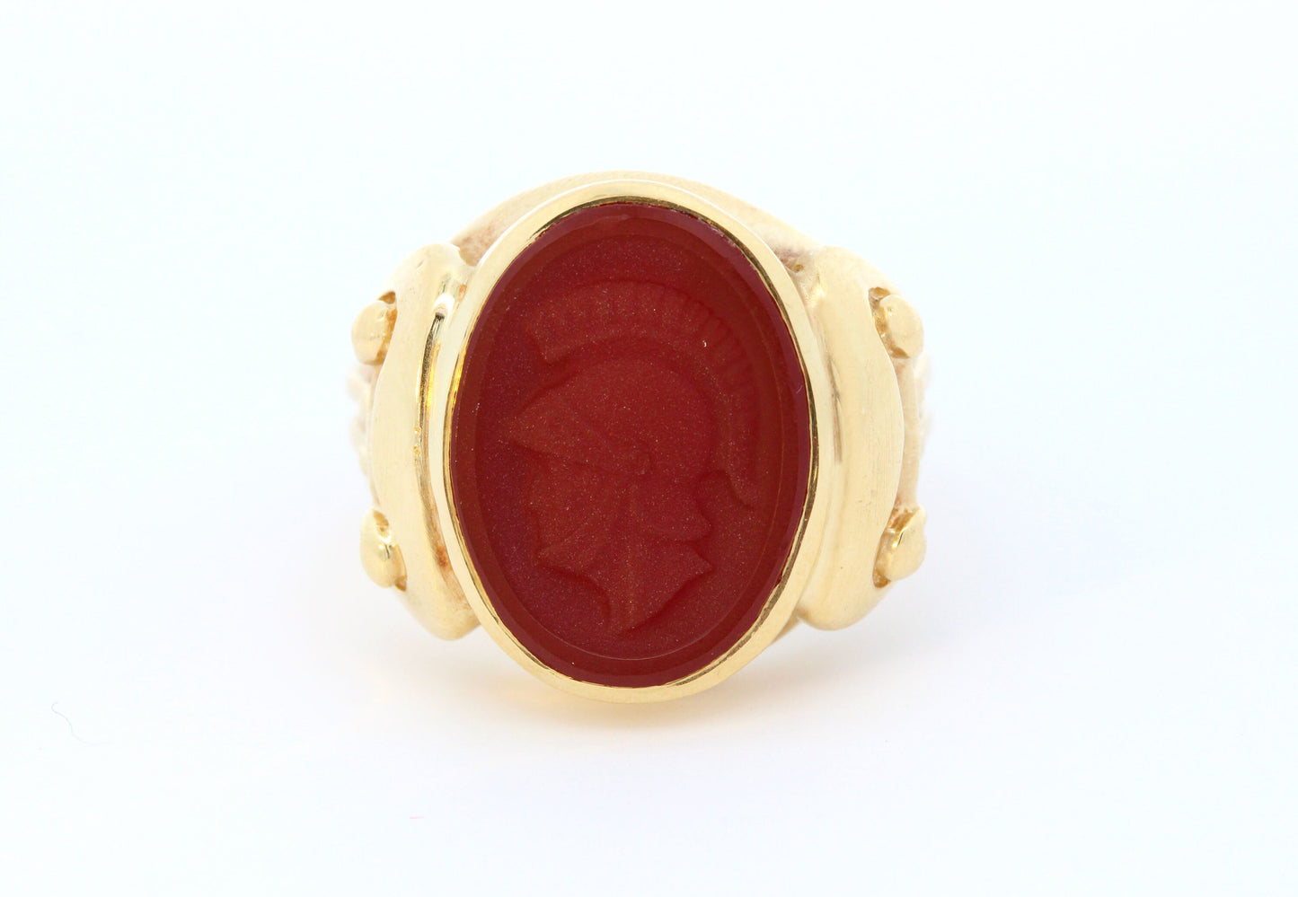 Hand-carved Roman Soldier Intaglio Signet Ring in Heavy 18K Yellow Gold