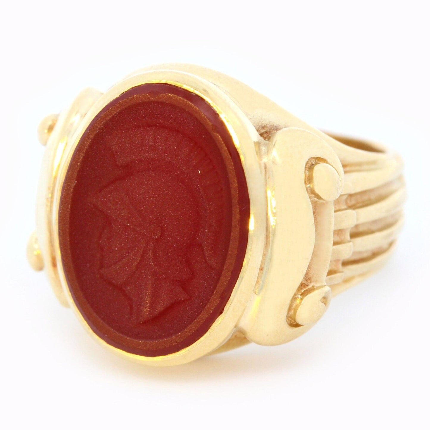 Hand-carved Roman Soldier Intaglio Signet Ring in Heavy 18K Yellow Gold