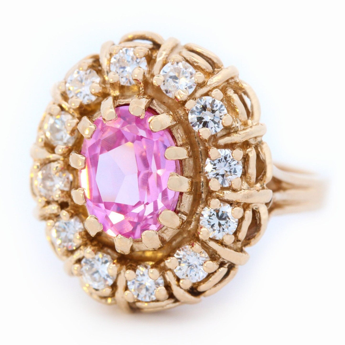 Pink Sapphire Diamond Halo Hand-casted Ring in 14K Yellow Gold