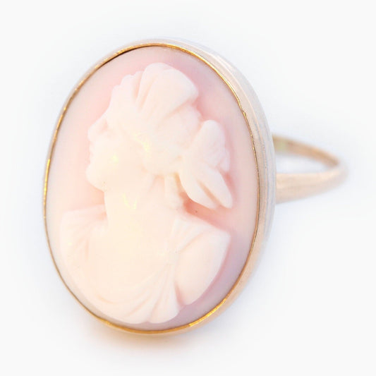 Art Nouveau Left Facing Pink Cameo Ring in 10K Yellow Gold