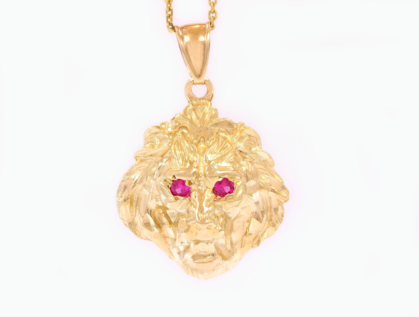 Ruby Eyed Lion's Head Pendant in 14K Yellow Gold