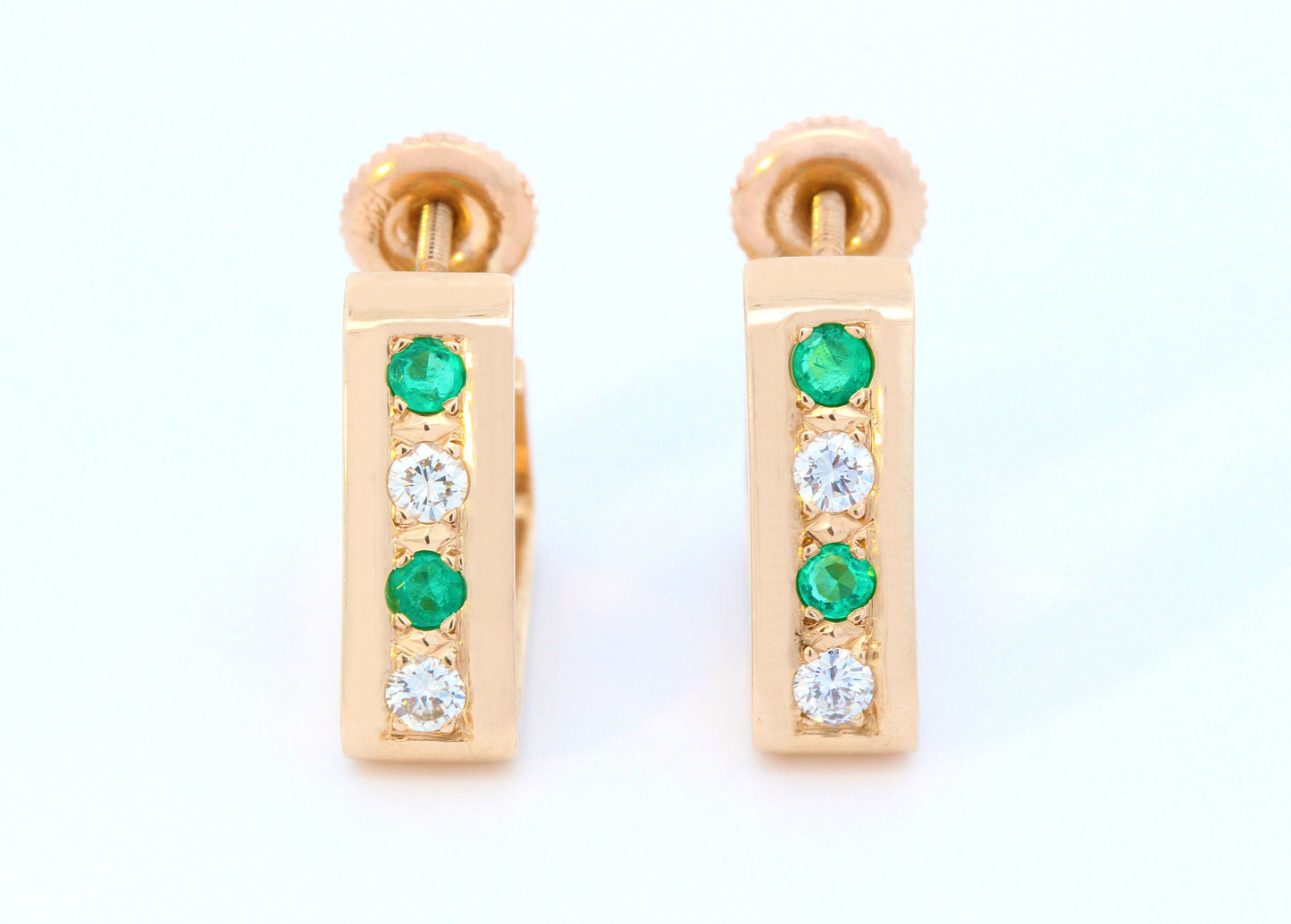 Emerald & Diamond Triangle Hoop Earrings in 18K Yellow Gold