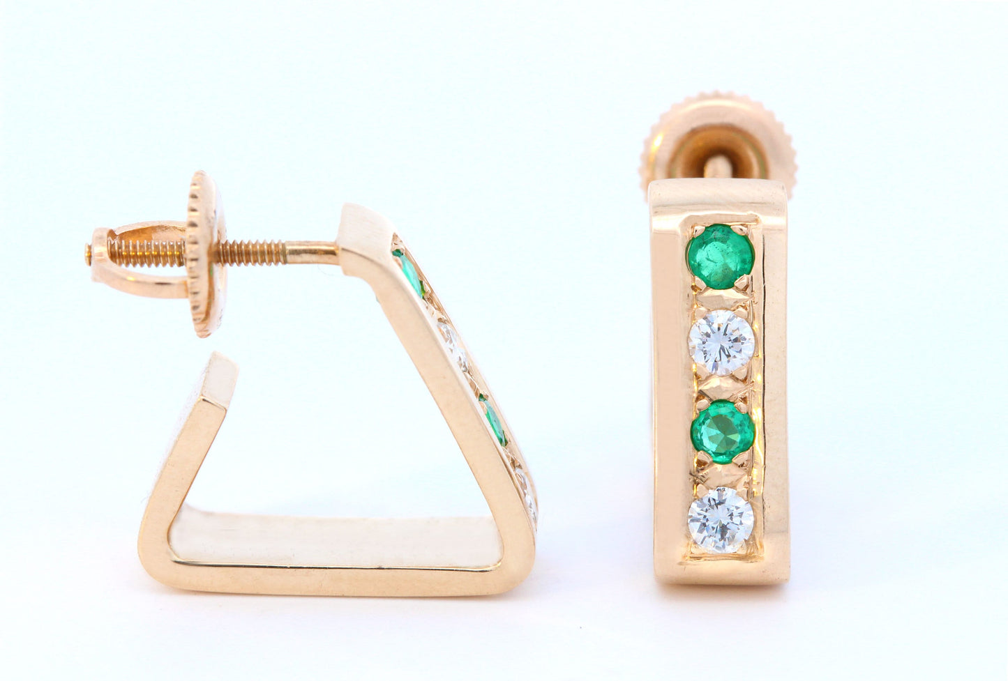 Emerald & Diamond Triangle Hoop Earrings in 18K Yellow Gold