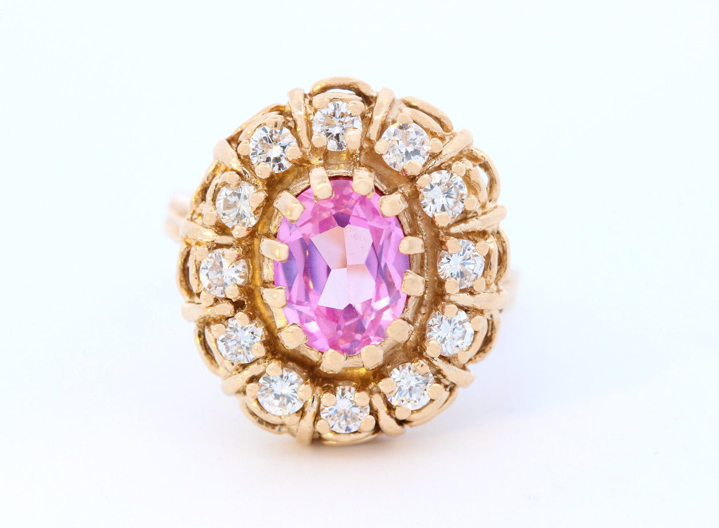 Pink Sapphire Diamond Halo Hand-casted Ring in 14K Yellow Gold