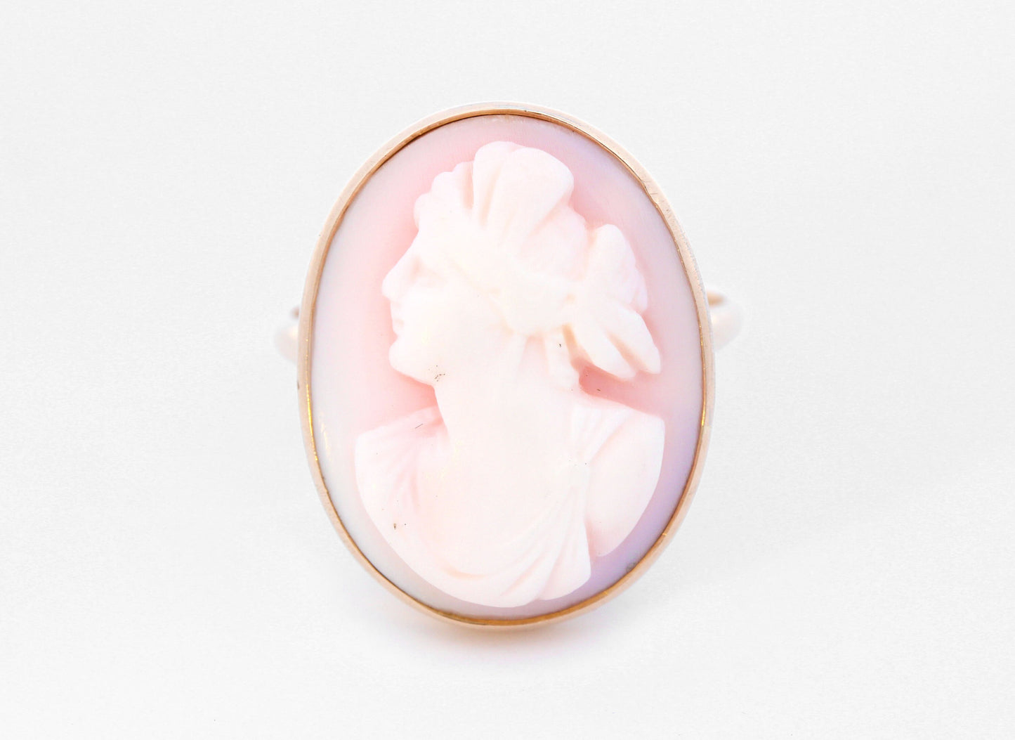 Art Nouveau Left Facing Pink Cameo Ring in 10K Yellow Gold