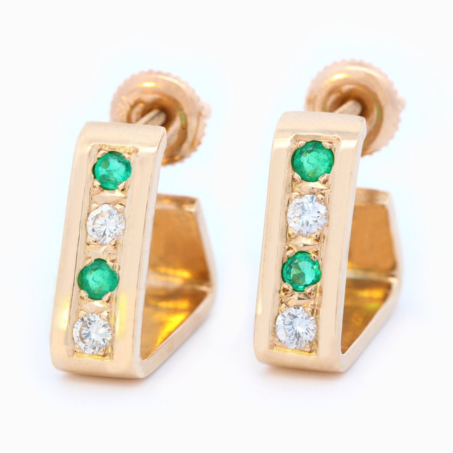 Emerald & Diamond Triangle Hoop Earrings in 18K Yellow Gold