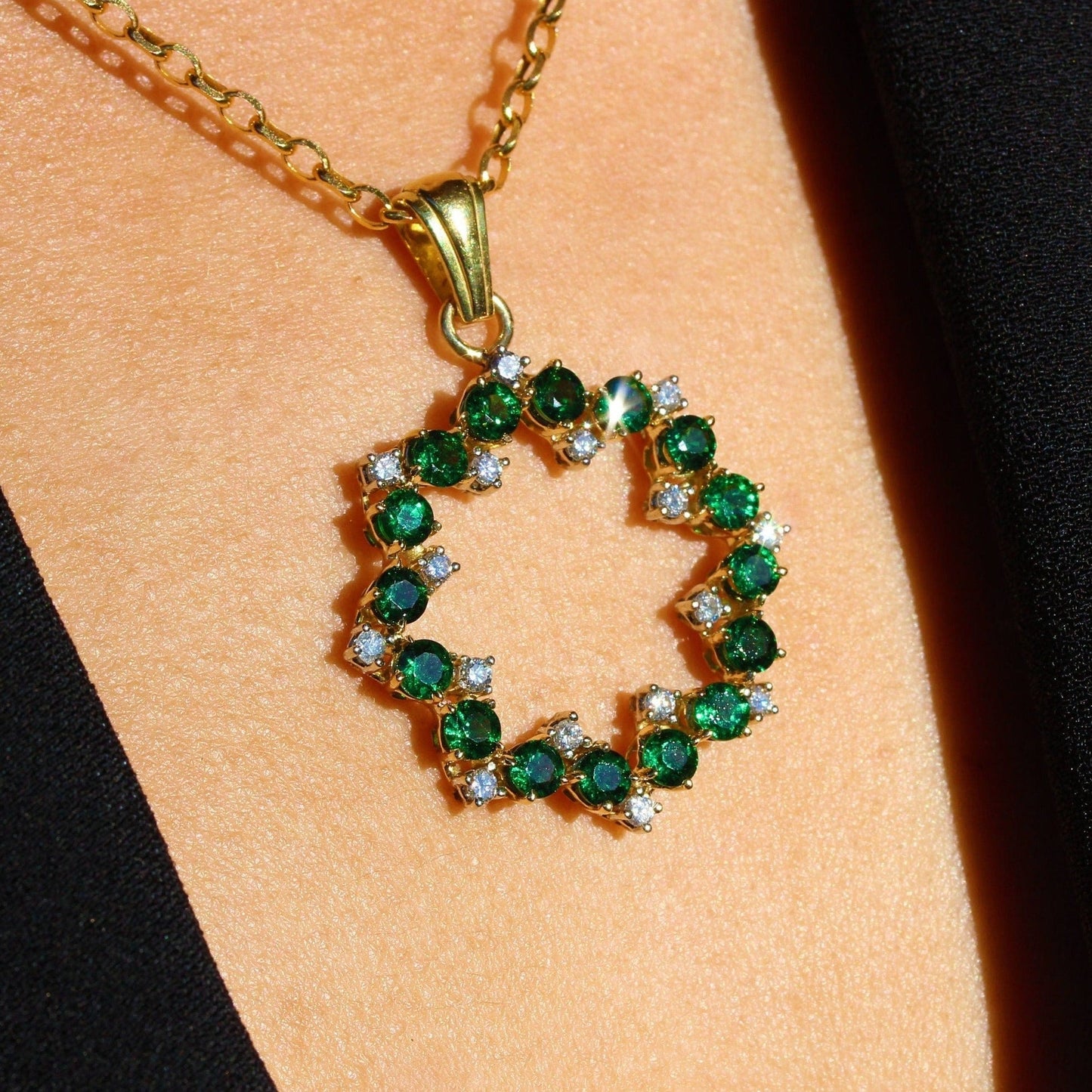 Emerald & Diamond Starburst Pendant in 18K Yellow Gold