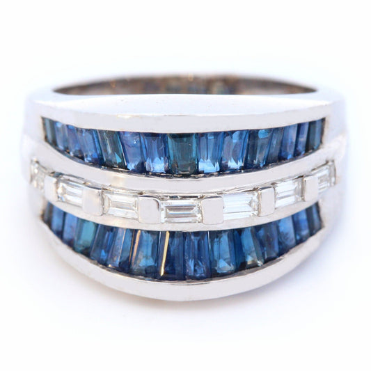 Sapphire and Diamond Baguette Heavy Wide Band Ring in 14K White Gold