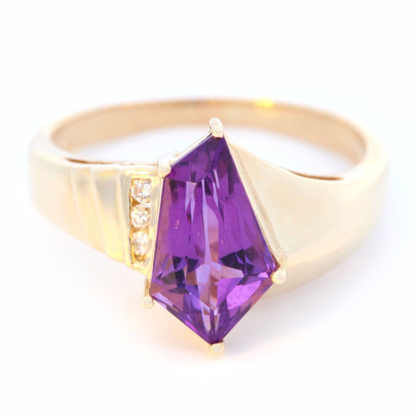 Free-form Amethyst & Diamond Geometric Ring in 14K Yellow Gold