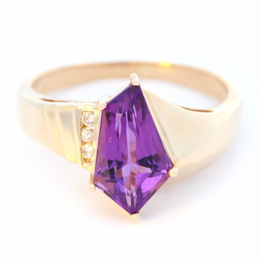 Free-form Amethyst & Diamond Geometric Ring in 14K Yellow Gold