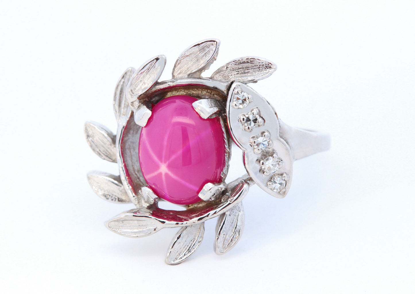 Art Deco Star Ruby & Diamond Wreath Ring in 14K White Gold