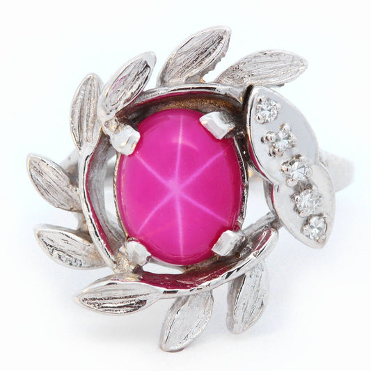 Art Deco Star Ruby & Diamond Wreath Ring in 14K White Gold