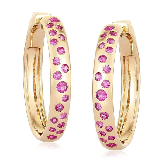 Scattered Pink Sapphire Flush Set Hoops in 14K Yellow Gold