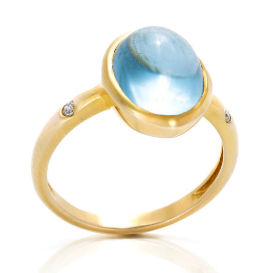 Aquamarine Cabochon Diamond Accented Bezel Set Ring in 14K Yellow Gold