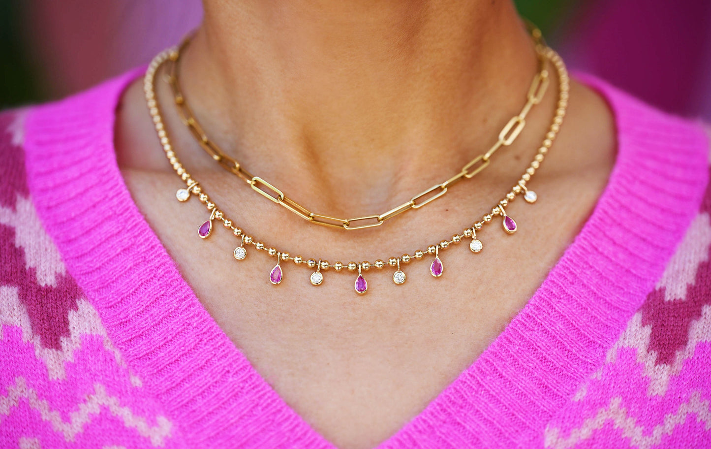 Pink Sapphire & Diamond Drop 14K Gold Beaded Necklace