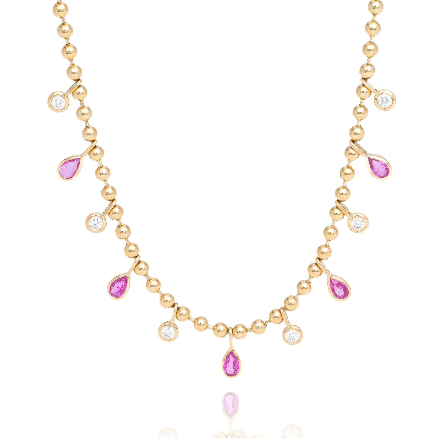 Pink Sapphire & Diamond Drop 14K Gold Beaded Necklace